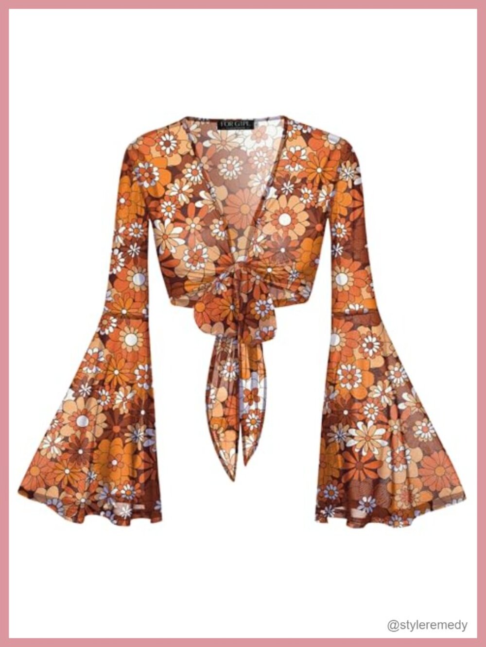 Women's Sheer Mesh Bell Sleeve Tie Front Crop Top Floral Print
